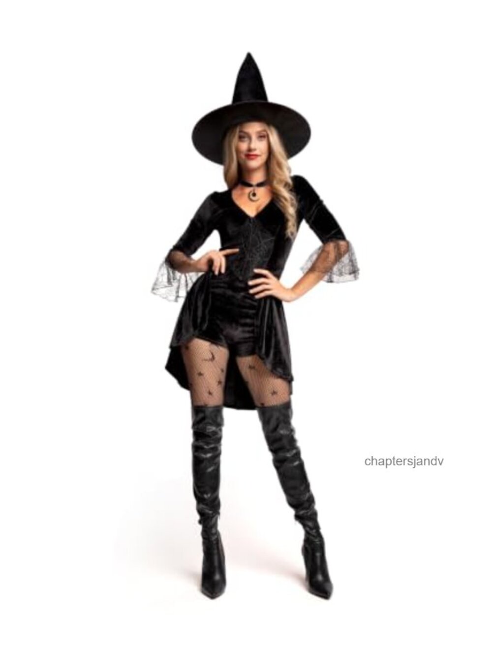 Sexy Witch Bodysuit Costume with Hat Stretch Velour Lace Sleeves Halloween